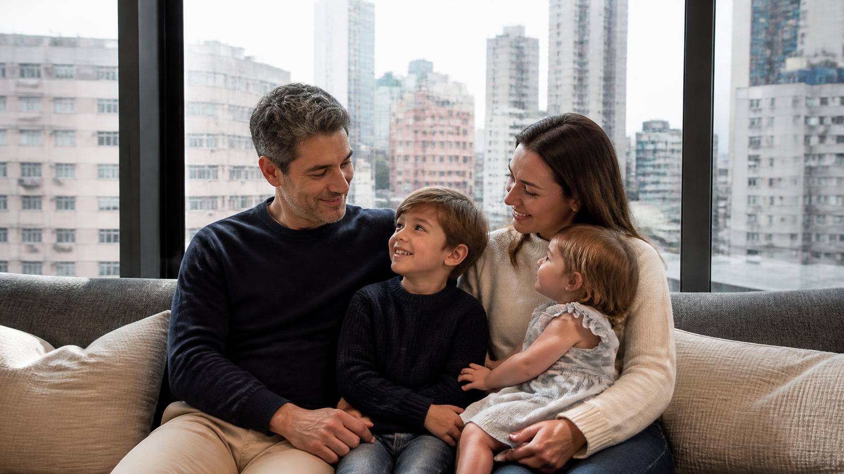 Illustrative family on a sofa with a Hong Kong city view
