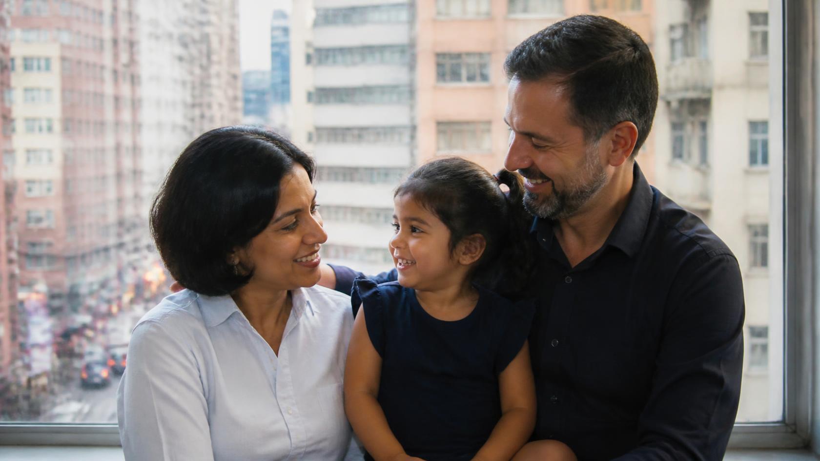 Illustrative parents and daughter beside a city-facing window