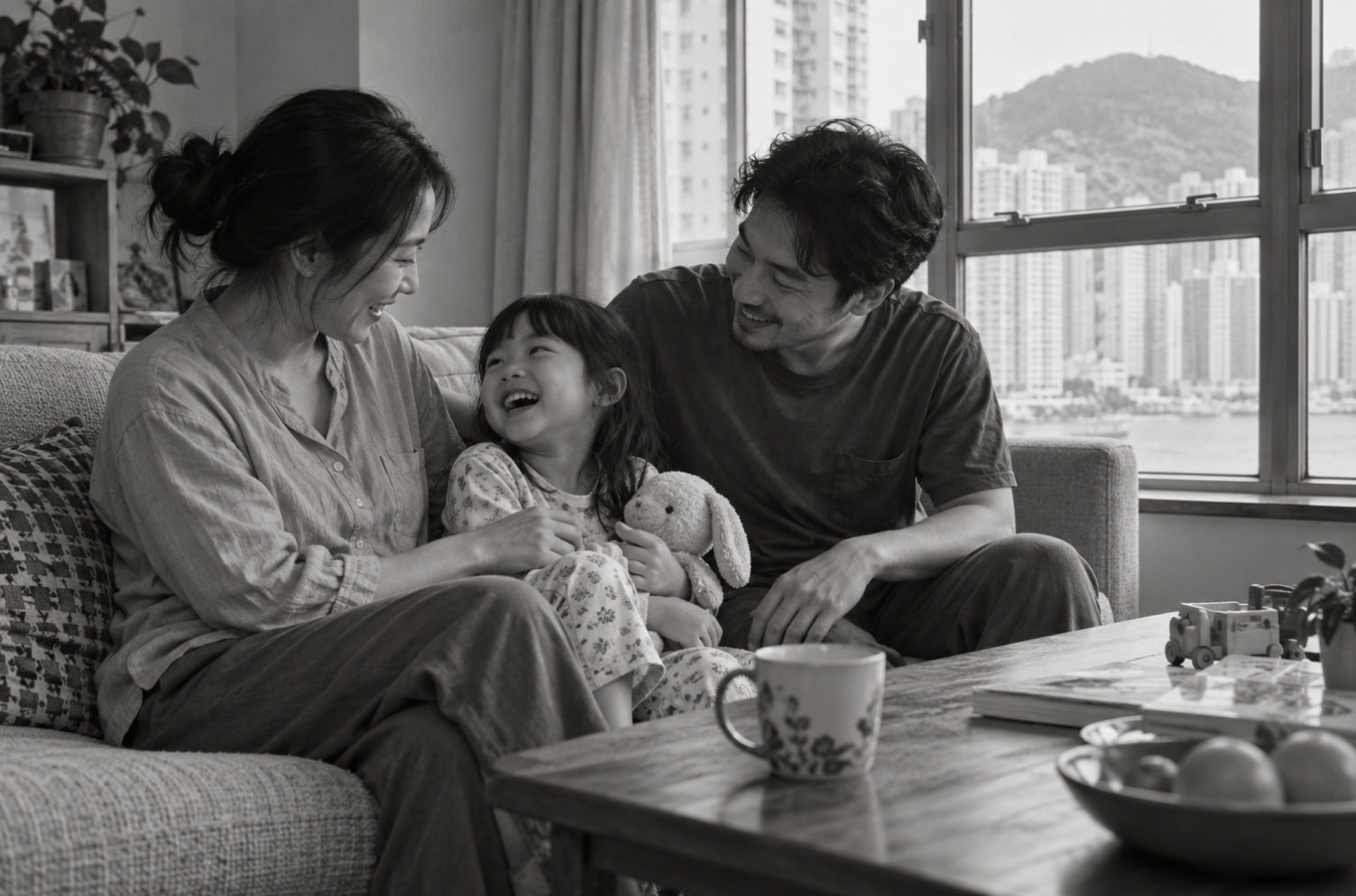 Illustrative black-and-white family photograph on a sofa